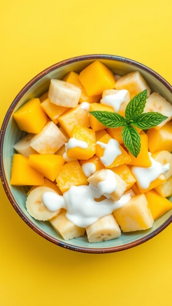 A colorful fruit salad with bananas, pineapple, and mango in a bowl, garnished with mint leaves.